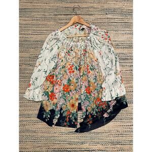Vintage Bert Yelin Womens Poncho XL Floral Bell Sleeve Tie Neck Cottagecore Boho